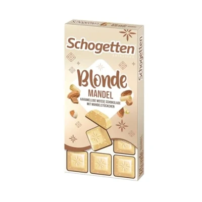Abbildung von Schogetten Blonde Mandel I weiße Karamell Schokolade mit Mandelstücken 100 g praktisch einzeln portioniert