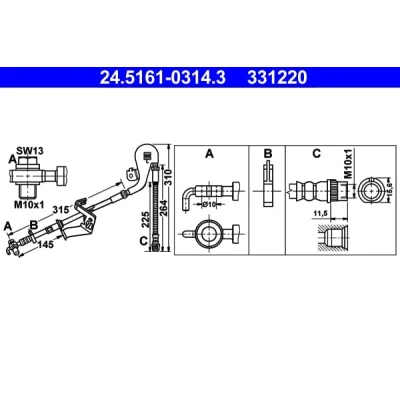 Abbildung von ATE 24.5161 0314.3 Bremsschläuche 310, 275 PEUGEOT: 407 SW, Limousine, Coupe, CITROËN: C5 III Kombi, 3, C6 Limousine