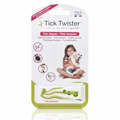 Abbildung von Tick Twister Packung mit 3 Zeckenentfernern, zum Entfernen von Zecken bei Hunden, Katzen, Pferden und Menschen Original hergestellt in Frankreich