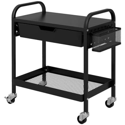 Abbildung von HOMCOM Servierwagen, Rollwagen mit 1 Schublade, Ablage, Aufbewahrungswagen Beistellwagen Haken, Küchenwagen für Küche, Wohnzimmer, Stahl, Schwarz