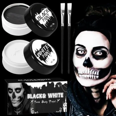 Abbildung von 100g halloween schminke schwarz weiß mit 2 Schminkpinseln Makeup set spezialeffekt make up für Fasching SFX Kinder Erwachsene