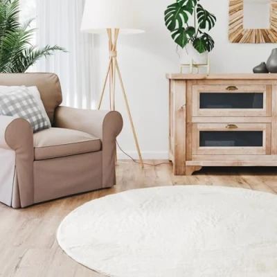 Abbildung von Interiyou Hochflorteppich Fargo 120x120 cm Rund Creme Flauschiger Fellteppich aus Kunstfell waschbar und rutschfest weicher Langflor Fell