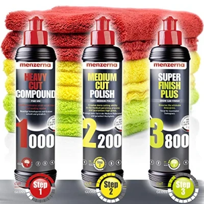 Abbildung von Detailmate Auto Politur Set Menzerna Autopolitur 250ml: Super Heavy Cut Compund HC1000 + Medium 2200 Finish Plus SFP3800 3x premium Mikrofaser Poliertuch zum Polieren, 40x40cm