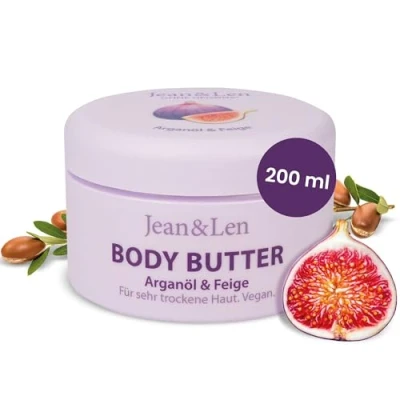 Abbildung von Jean &amp; Len Verwöhnende Body Butter Arganöl Feige, pflegt trockene bis sehr Haut intensiv, pH hautideal, mit verwöhnendem Feigen Duft, Körperbutter, ohne Parabene Silikone, 200 ml