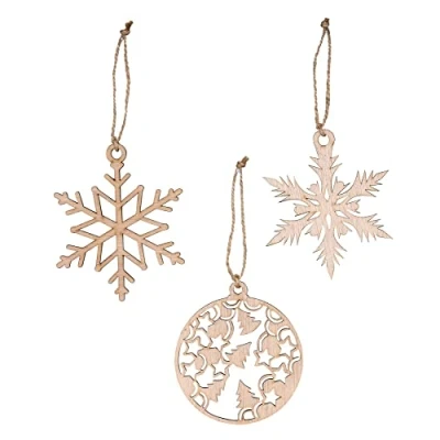 Abbildung von levandeo 3er Set Deko Anhänger Weihnachten Holz Birkenholz Eiskristall Weihnachtsbaum Tannenbaum Weihnachtsdeko Christbaumschmuck Kugel Baumschmuck Holzanhänger