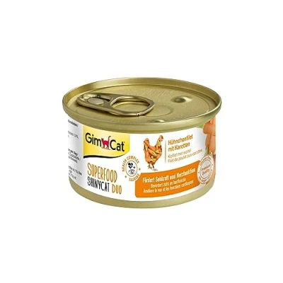Abbildung von GimCat Superfood ShinyCat Duo Hühnchen mit Karotten Katzenfutter saftigem Filet ohne Zuckerzusatz für ausgewachsene Katzen 24 Dosen (24 x 70 g)