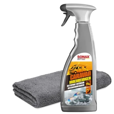 Abbildung von Wohnmobil Innenreinigung Set Sonax Caravan Innenreiniger 750ml mit Geruchsvernichter + Mikrofasertuch Für Kunststoffe, Leder, Holz, Aluminium und lackierte oder folierte Oberflächen im Wohnwagen