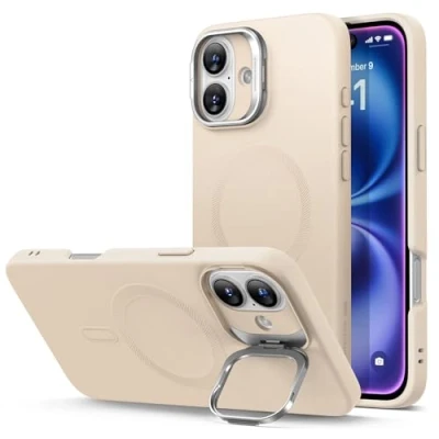 Abbildung von ESR für iPhone 16 Plus Hülle, Silikon Hülle mit Ständer, kompatibel MagSafe, integrierter Kameraständer, magnetische Handyhülle Plus, Cloud Serie, Beige