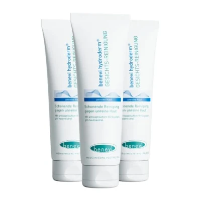 Abbildung von benevi hydroderm Gesichts Reinigung 3 x 125 ml für unreine und zu Akne neigende Haut auch begleitend bei einer Therapie reinigt schonend beseitigt zugleich effektiv den störenden Fettglanz