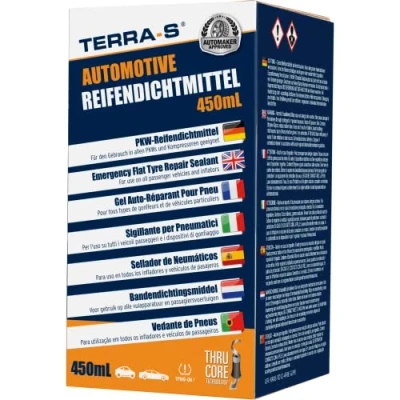 Abbildung von TERRA S T16003 450mL Universal Reifendichtmittel Nachfüllflasche mit automatischem Einfüllen des Dichtmittels, die allen Reifenpannen Kits oder Kompressoren funktioniert.