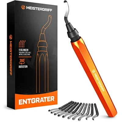 Abbildung von MEISTERGRIFF® Entgrater [inkl. 11 Klingen] für Kunststoff (auch 3D Druck), Metall, Edelstahl Handentgrater