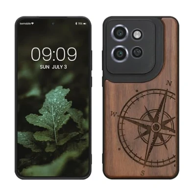 Abbildung von kwmobile Hülle kompatibel mit Motorola Edge 50 Neo/ThinkPhone 25 Holz Case Handy Cover TPU Handyhülle in Dunkelbraun Kompass Vintage