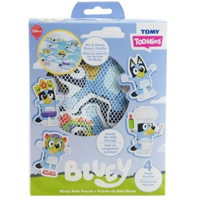 Abbildung von Tomy Toomies Bluey Bad Puzzle Mix and Match Schaumstoff Kleinkind Badespielzeug Inklusive Netztasche Aufbewahrung mit Saugnäpfen 8 Stück ab 18 Monaten