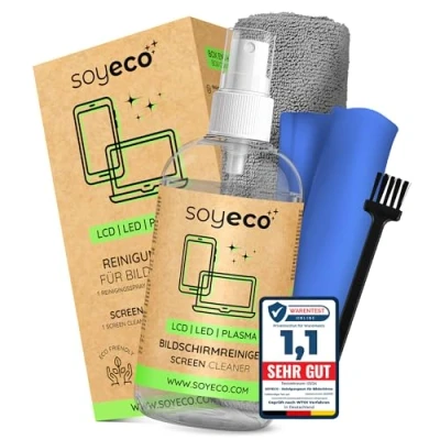 Abbildung von SOYECO ECO Reinigungsset Bildschirmreiniger 250ml + 2 Mikrofasertücher Tastaturpinsel für eine umfassende Gerätepflege geeignet alle Handy, Laptop &amp; Displays sowie Tastatur, PC, PS5 UVM.