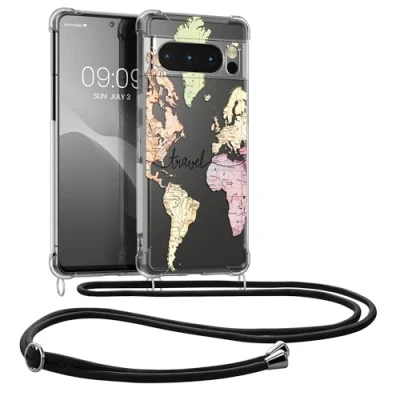 Abbildung von kwmobile Necklace Case kompatibel mit Google Pixel 8 Pro Hülle Silikon Cover Handykette Schwarz Mehrfarbig Transparent Travel Schriftzug
