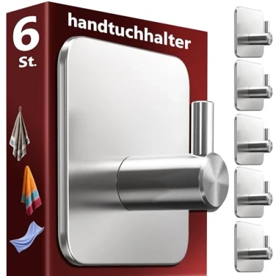 Abbildung von Menz Handtuchhaken ohne Bohren, 6 Stk. Handtuchhalter Bohren für bombenfesten Halt, Edelstahl Klebehaken, Haken selbstklebend, starke Badezimmer Handtuchhalter, Bad