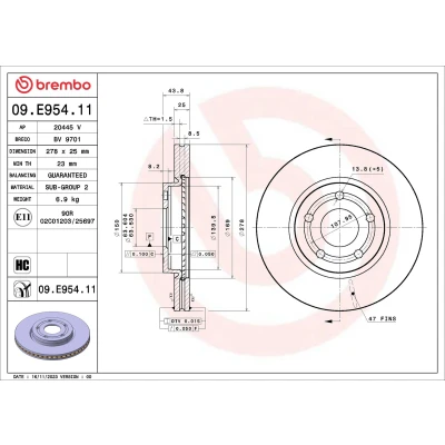 Abbildung von BREMBO Bremsscheibe FORD: Puma SUV 278mm 25mm 5 innenbelüftet beschichtet hochgekohlt 09.E954.11 2384229,L1TC1125AA Bremsscheiben, Scheibenbremsen