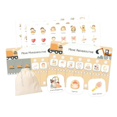 Abbildung von Routine Planer Kinder für Morgenroutine und Abendroutine Tagesplan mit Klett Punkten 105 Symbolkärtchen, Montessori Planer, Routinehilfe zum Umklappen (Bagger)