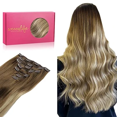 Abbildung von WENNALIFE Clip in Extensions Eechthaar, 40cm 16 Zoll 120g 7pcs Ombré Walnuss Braun bis Ash und Bleach Blonde Hair Remy Echthaar Verlängerung Natürliche Eechthaar