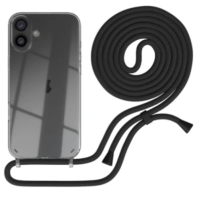 Abbildung von EAZY CASE Handykette kompatibel mit iPhone 16 Plus Handyhülle Umhängeband, Handykordel Schutzhülle, Silikonhülle, Hülle Band, Stylische Kette Smartphone, Schwarz Clips