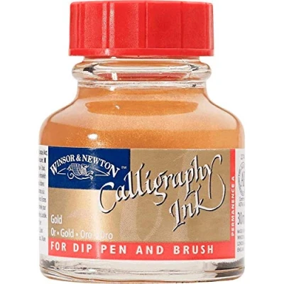 Abbildung von Winsor &amp; Newton 1110283 Kalligraphie Tuschen, opak (für Füllfederhalter oder Schreibfedern, untereinander mischbar, lichtecht) 30 ml Flasche Metallic Gold