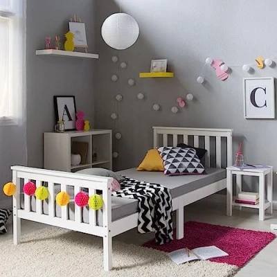 Abbildung von Homestyle4u 1416, Holzbett 90x200 mit Lattenrost Weiß Bett Bettgestell Kinderbett Kiefer Massivholz