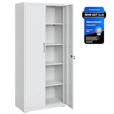 Abbildung von SONGMICS Aktenschrank, Mehrzweckschrank, Stahl Aufbewahrungsschrank, 5 Ebenen, Doppeltüren, Schloss, Werkzeugschrank, verstellbare Ablagen, Garage, Büro, Wohnzimmer, grau OMC015G01
