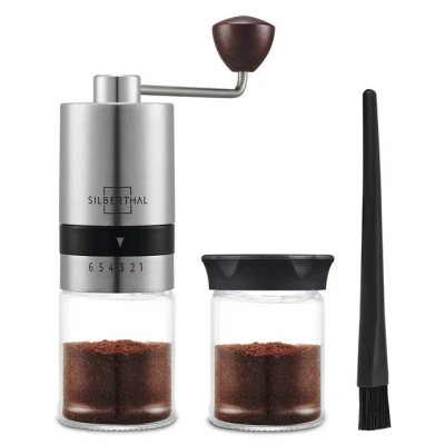 Abbildung von SILBERTHAL Kaffeemühle Manuell Edelstahl, Kegelmahlwerk, 17,00 g Bohnenbehälter, Handmühle aus Edelstahl mit Ersatzglas und Reinigungspinsel