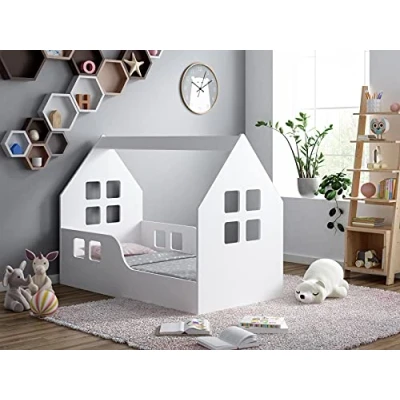 Abbildung von BDW Kinderbett 70x140cm MIT MATRAZE Haus Bettenhaus Hausbett Kinderzimmer Bett Kinder Kiefernholz Weiß