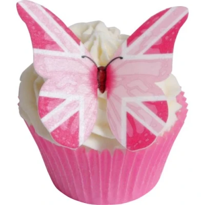 Abbildung von 24 Pink Union Jack Flagge Essbare Oblaten Schmetterlinge / Flag Butterflies