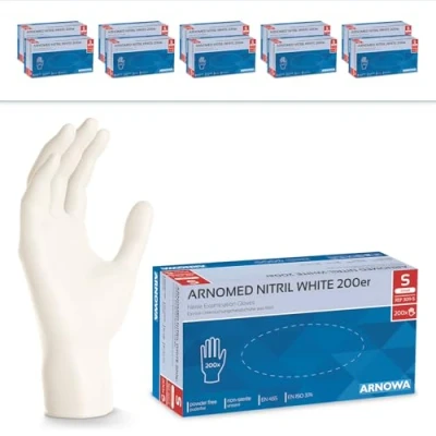 Abbildung von 2000x ARNOMED Einweghandschuhe Weiß, Einmalhandschuhe S, Handschuhe Einweg (10x200 Stk), Gummihandschuhe puderfrei, latexfreie Nitrilhandschuhe in M, L, XL, Putzhandschuhe, Koch /Küchen