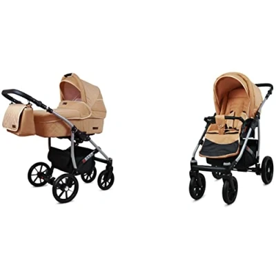 Abbildung von BabyLux Qbaro 2 in 1 Baby Kinderwagen Tief und mit Zubehör Verstellbar faltbar Aluminiumkonstruktion Wasserdicht Nicht abnehmbare Räder Chili