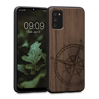 Abbildung von kwmobile Hülle kompatibel mit Samsung Galaxy A03s Holz Case Handy Cover TPU Handyhülle in Dunkelbraun Kompass Vintage