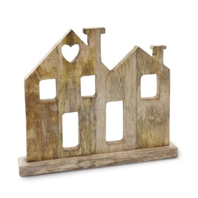 Abbildung von Spetebo Deko Aufsteller Haus aus Mangoholz 35 cm Holz Silhouette auf Fuß zum Aufstellen Tischdeko Fensterdeko Hinstellen