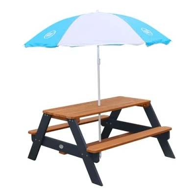 Abbildung von AXI Nick Kinder Picknicktisch aus Holz Kindertisch, grau &amp; Braun mit Sonnenschirm für den Garten..
