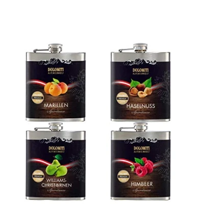 Abbildung von DOLOMITI Flachmann gefüllt 4er Set Marille/Haselnuss/Williams/Himbeer Schnaps │ Premium Spirituose 35% vol. fruchtige, angenehm milde Schnäpse im Edelstahl │0.2 Liter │wiederbefüllbar