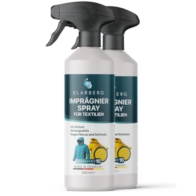 Abbildung von KLARBERG Textil Imprägnierspray Jacke Atmungsaktive Imprägnierung für Funktionstextilien und synthetische Stoffe Von Jacken Polstermöbel bis hin zu Teppich Outdoor Kleidung (2X 500 ml)