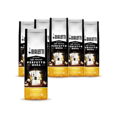 Abbildung von Bialetti Perfetto Moka Vaniglia: Gemahlener Kaffee mit mittlerer Röstung, Vanille Aroma, 250g x 6, Beutel Aromaventil