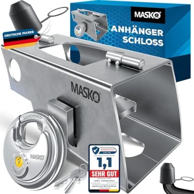 Abbildung von MASKO® Anhängerschloss mit Scharniersystem für Angekoppelte &amp; Abgekoppelte Anhänger Schloss Diebstahlschutz Wohnwagen Kastenschloss inkl.Rundbügelschloss, Schlüssel Schutzkappe, Silber