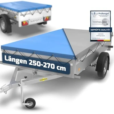 Abbildung von Tarpofix® Anhänger Plane 258x136 cm inkl. Planenseil Anhängerplane Flachplane aus PVC PLANENMATERIAL Verstärkte Humbaur für 1300kg PKW Hänger Abdeckplane Abdeckung Blau