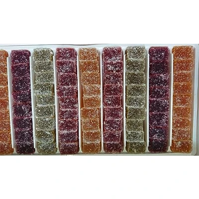 Abbildung von Geleefrüchte 920g,Gelee Fruchtmark, in Würfeln,Fruchtgummis, Sorten (Zitrone, Aprikose, Erdbeere, schwarze Johannisbeere, Birne), glutenfrei, ohne Konservierungsstoffe.