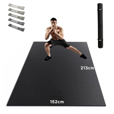 Abbildung von HAPBEAR Extra Groß Breit Sportmatte Fitnessmatte Rutschfest Yogamatte XXL 213cm x 152cm 8mm Dicke, Hoher Dichte Ultra Haltbar PVC, Gymnastikmatte mit Fitnessbänder, Schuhfreundlic