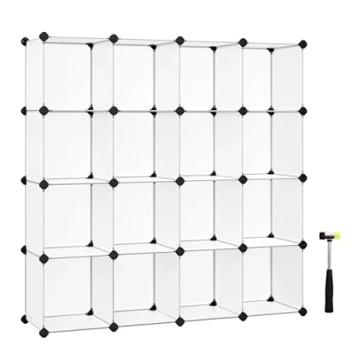 Abbildung von SONGMICS Schuhregal, Set aus 16 Würfeln, Regalsystem, DIY Würfelregal, stapelbar, PP Kunststoff, als Garderobe, Raumteiler, für Schlafzimmer, Büro, 31 x 123 cm, weiß LPC44L