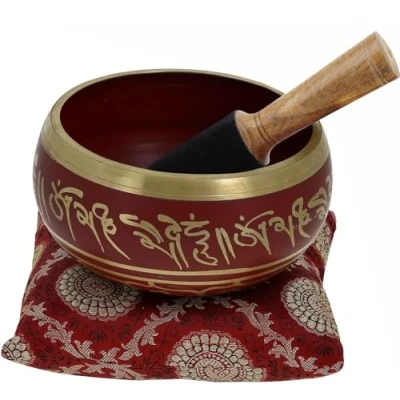 Abbildung von Ajuny Tibetisch Buddhistisches Klangschalen Set Handgefertigte Meditationsschale aus Messing in Rot 4 zoll mit Stab und Kissen für Yoga, Klangchakra Heilung Achtsamkeit Stressabbau Schale