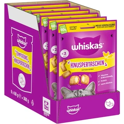 Abbildung von WHISKAS Knuspertaschen Katzensnacks Huhn &amp; Käse 6 x 60g Snacks mit und für Katzen