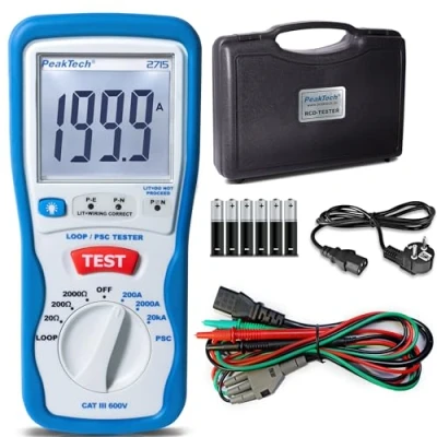 Abbildung von PeakTech 2715 Digitaler PSC Schleifentester mit LCD Anzeige, Loop Tester, Prüfgerät für Impedanz Messungen, Kurzschluss Strommessgerät, Stromkreis Sicherung, Isoliertes Gehäuse CAT III 600 V, blau