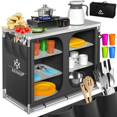 Abbildung von KESSER® Campingküche Inkl. Tragetasche &amp; Becherset Campingschrank Faltschrank mit Aluminiumgestell Reiseküche Küchenbox Zeltschrank Outdoor Camping Küche Anthrazit Typ F6