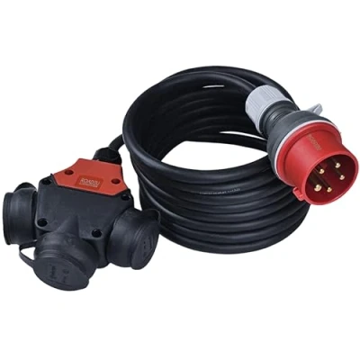 Abbildung von RoadEu CEE Starkstrom Adapter, Stecker 16A, 380V auf 220V 3X Schuko Kupplung, 5x2,5mm Gummikabel 15 Meter. Adapter 16A 230V. Verteiler