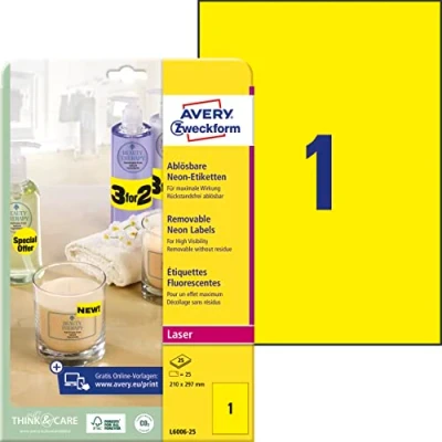Abbildung von AVERY Zweckform L6006 25 leuchtend neon gelbe Etiketten (25 Aufkleber, 210x297mm auf A4, selbstklebend, bedruckbar, ablösbar, farbige Klebeetiketten zum auffälligen Kennzeichnen) Blatt
