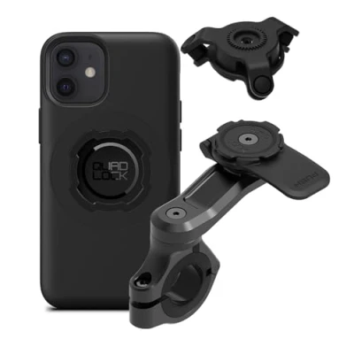 Abbildung von Quad Lock Motorrad Lenkerhalterung Pro Kit mit Vibrationsdämpfer und iPhone 12 Mini MAG Case